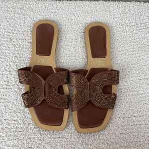 Zara Sandals Womens 37 US 6.5 Chocolate Brown Rhinestones H Slip On Square Toe
